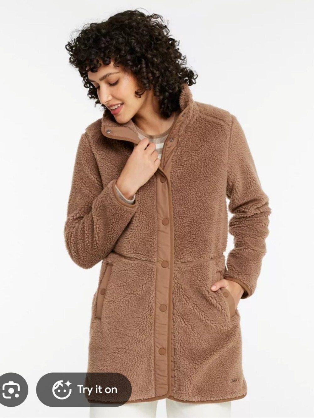 L.L. Bean Brown Tan Sherpa Fleece Long Pocket Snap Jacket Coat XL